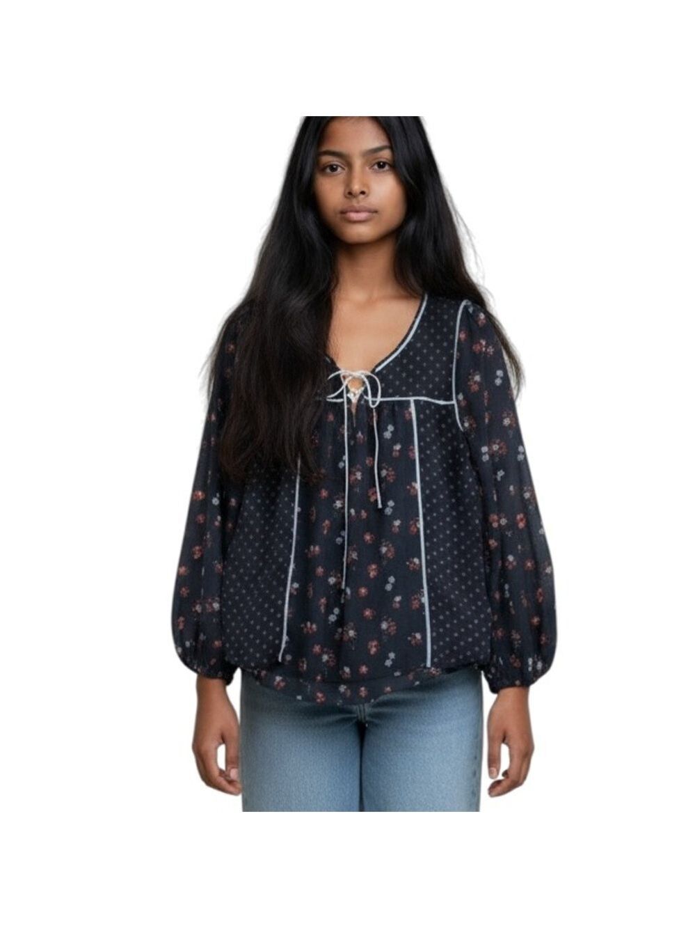 Abercrombie & Fitch Women Navy Blue Floral Boho Lace Up Peasant Top Small